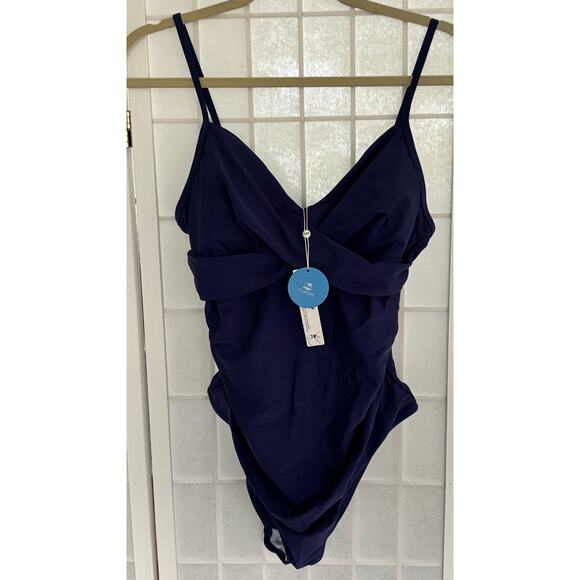 CUPSHE‎ One Piece Navy Blue Ruched Adjustable Straps Swimsuit Size Large NWT - Picture 2 of 9